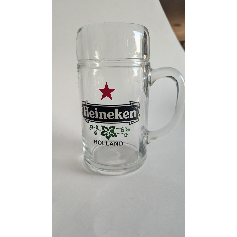 Heavy Heineken Holland Beer Stein Glass Mug Red Star Logo Clear 8‎ Inch Vintage